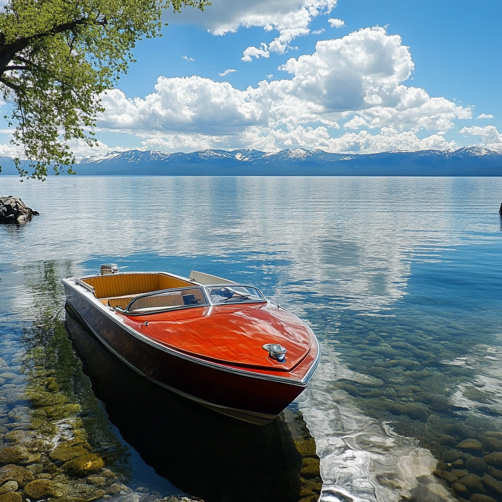 a boat sitting in the water on lake tahoe
