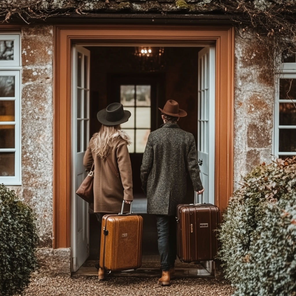 a man and a woman carrying suitcases while entering a country house