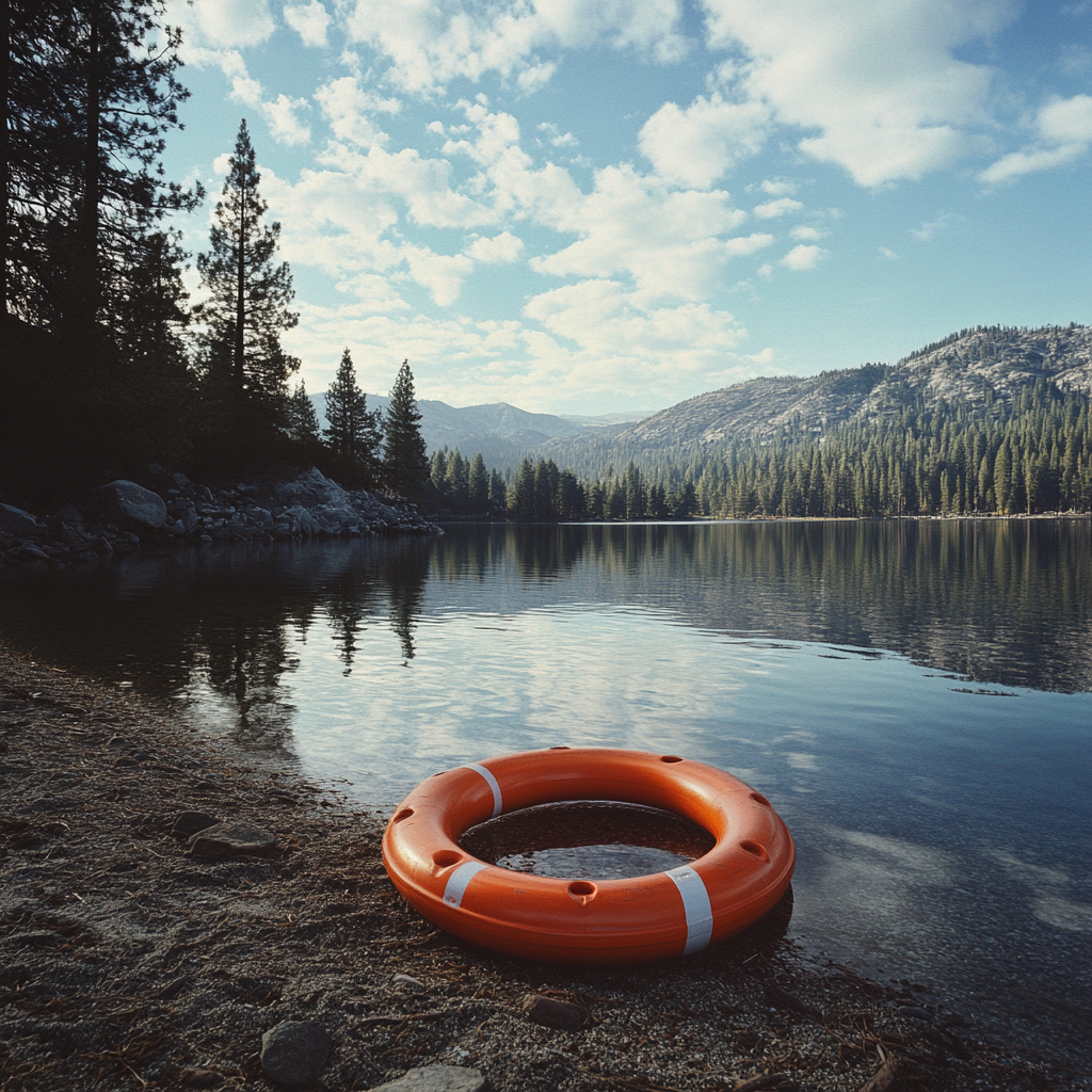 a life ring lying on the shore of a lake in california